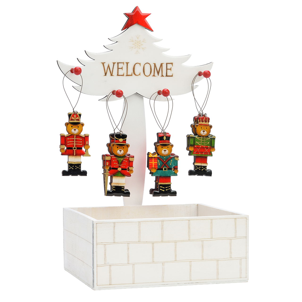 Suspension Ours Casse-Noisette en bois Coloré 4 fois (L/H/P) 4x9x0.5cm sur pied d'arbre 23x37x20cm Nussknacker, Person, Spielzeug, Kiste