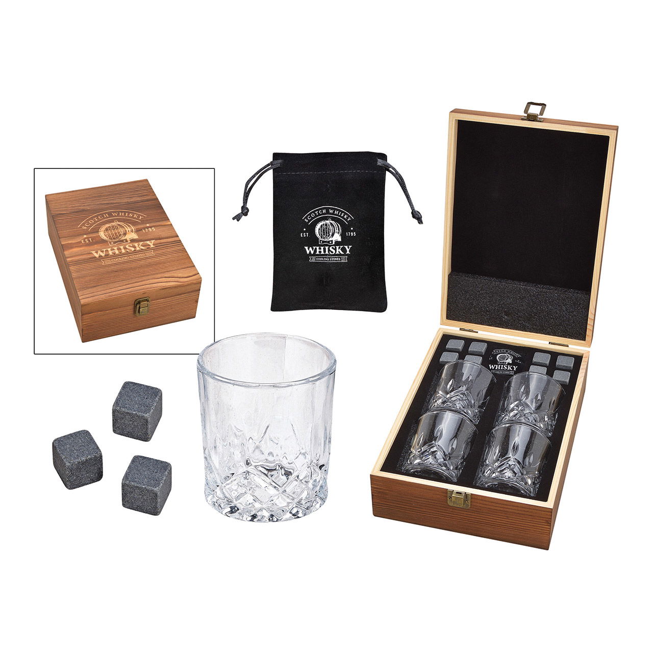 Whisky steen set, basalt stenen ijsblokje, 2cm, 8 blokjes met 4 glazen 9x8x9cm, 300ml, in houten kist 21,5x10x30,7cm