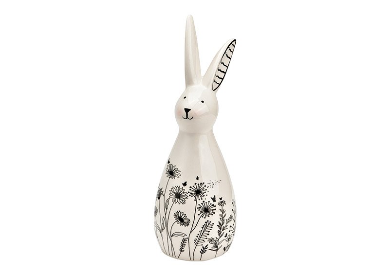 Coniglietto con prato fiorito in ceramica nera, bianca (L/H/D) 6x18x8cm