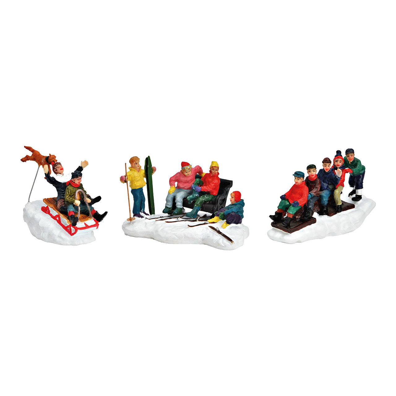 Miniature figure sledge, skier made of poly colorful 3-fold, (W/H/D) 9x6x3cm 10x5x6cm 6x6x4cm