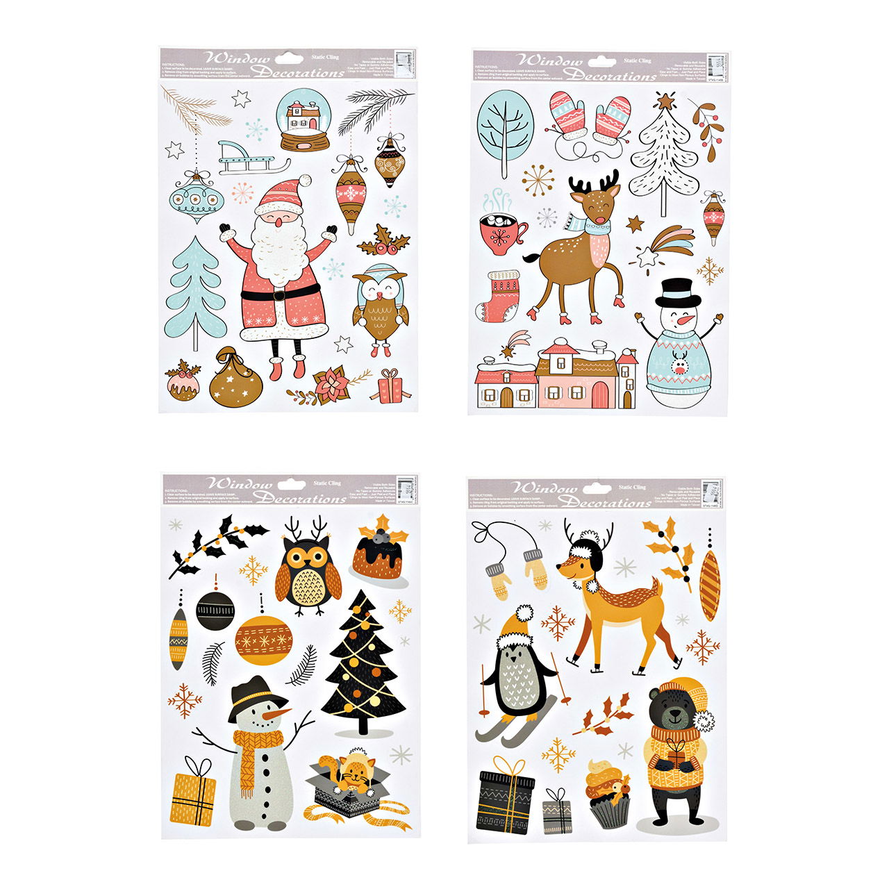 Décorations de fenêtre Noël Père Noël, cerf, bonhomme de neige, pingouins en plastique multicolore 4 fois, (L/H) 30x42cm