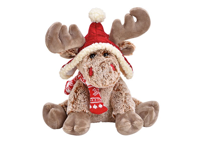Moose plush brown with red hat, 23x25x19cm