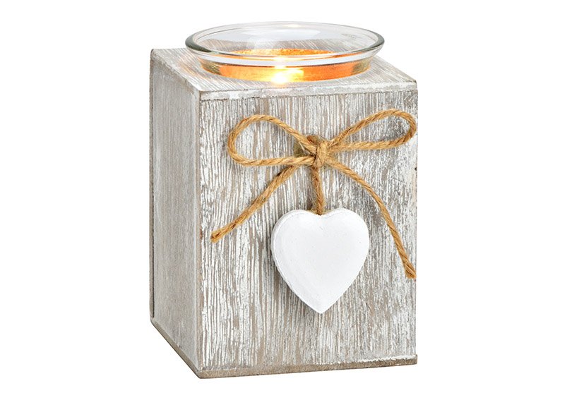 Bougeoir avec pendentif coeur en bois, verre blanc (L/H/P) 7x10x7cm