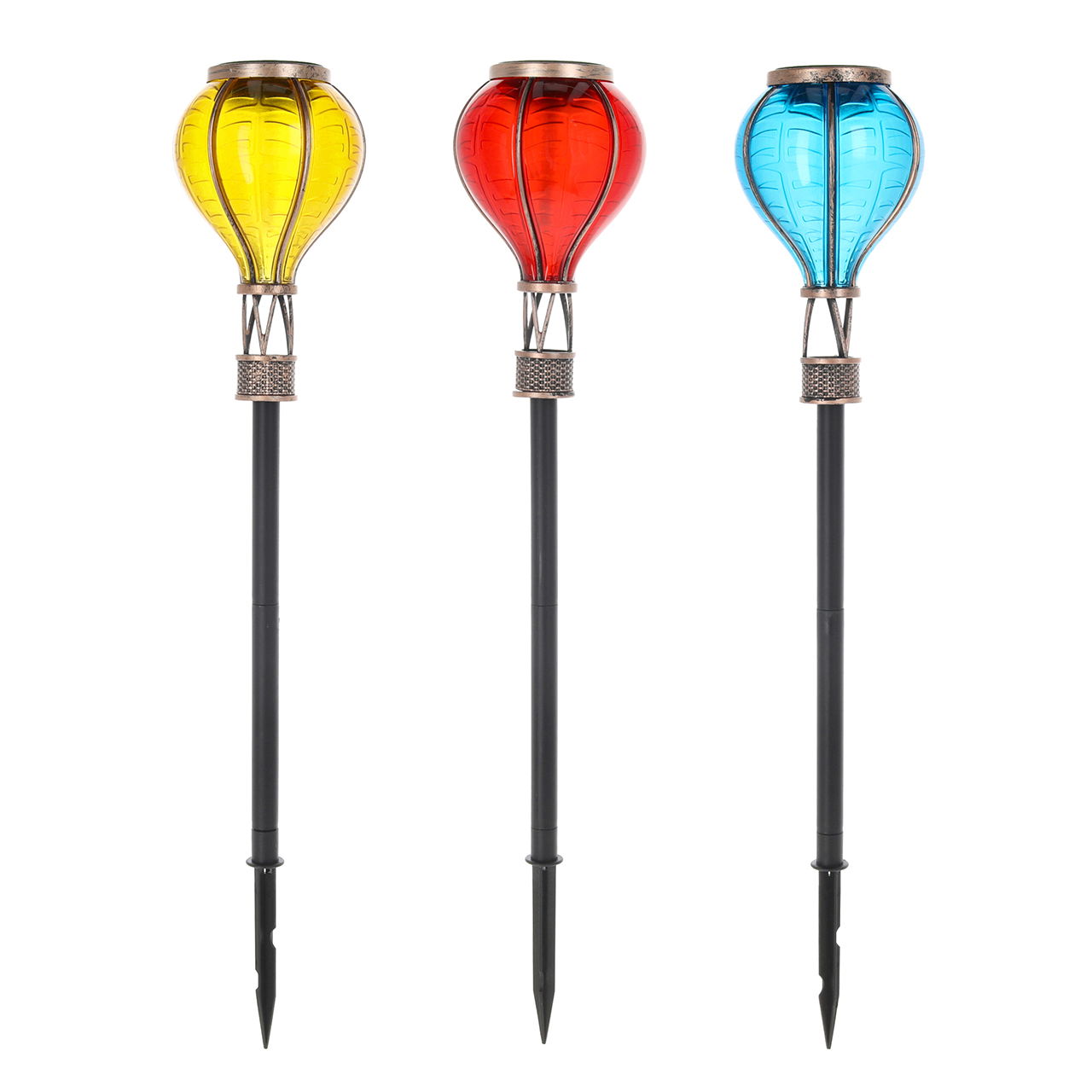 Flower stake with LED solar hot air balloon and flame effect, made of iron, in display, 3-piece set, 9 pcs total, yellow/red/blue (W/H/D) 11x57x11 cm Flower stake with LED solar hot air balloon and flame effect, made of iron, in display, 3-piece set, 9 pcs total, yellow/red/blue (W/H/D) 11x57x11 cm