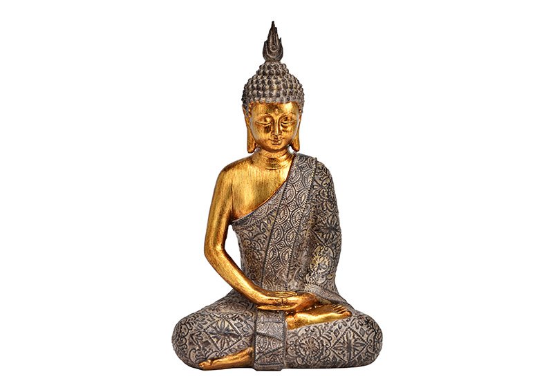 Boeddha van poly bruin, goud (B/H/D) 15x25x10cm