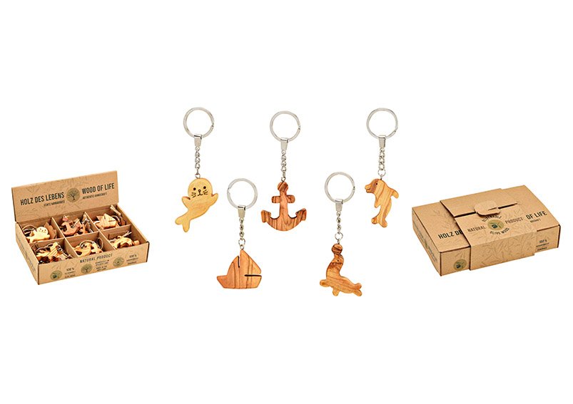 Key ring 5-asst. sailboat, anchor, seal, dolphin, sea dog, olive wood, nature 5x1x14cm