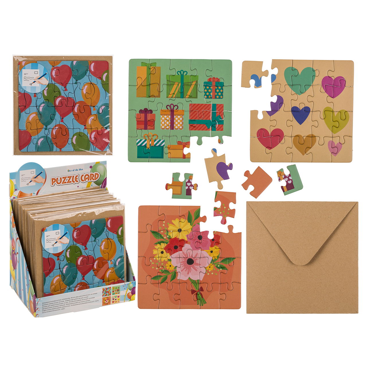 Quadratische Geschenkkarte, Puzzle, Geburtstag, (20 tlg.) mit Briefumschlag im Polybeutel, 4-fach, 24er im Display Kiste