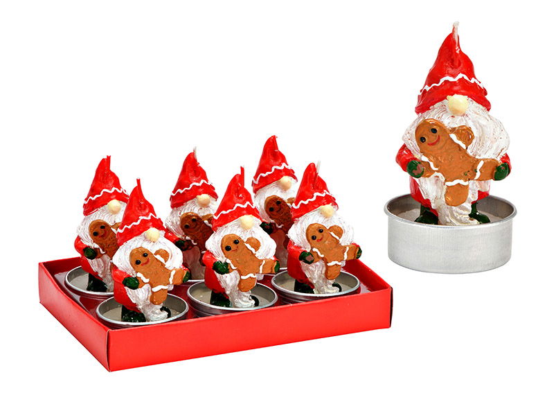 Tealight set gnome with gingerbread figure 4x8x4cm Set of 6, made of wax red (W/H/D) 14x8x9cm