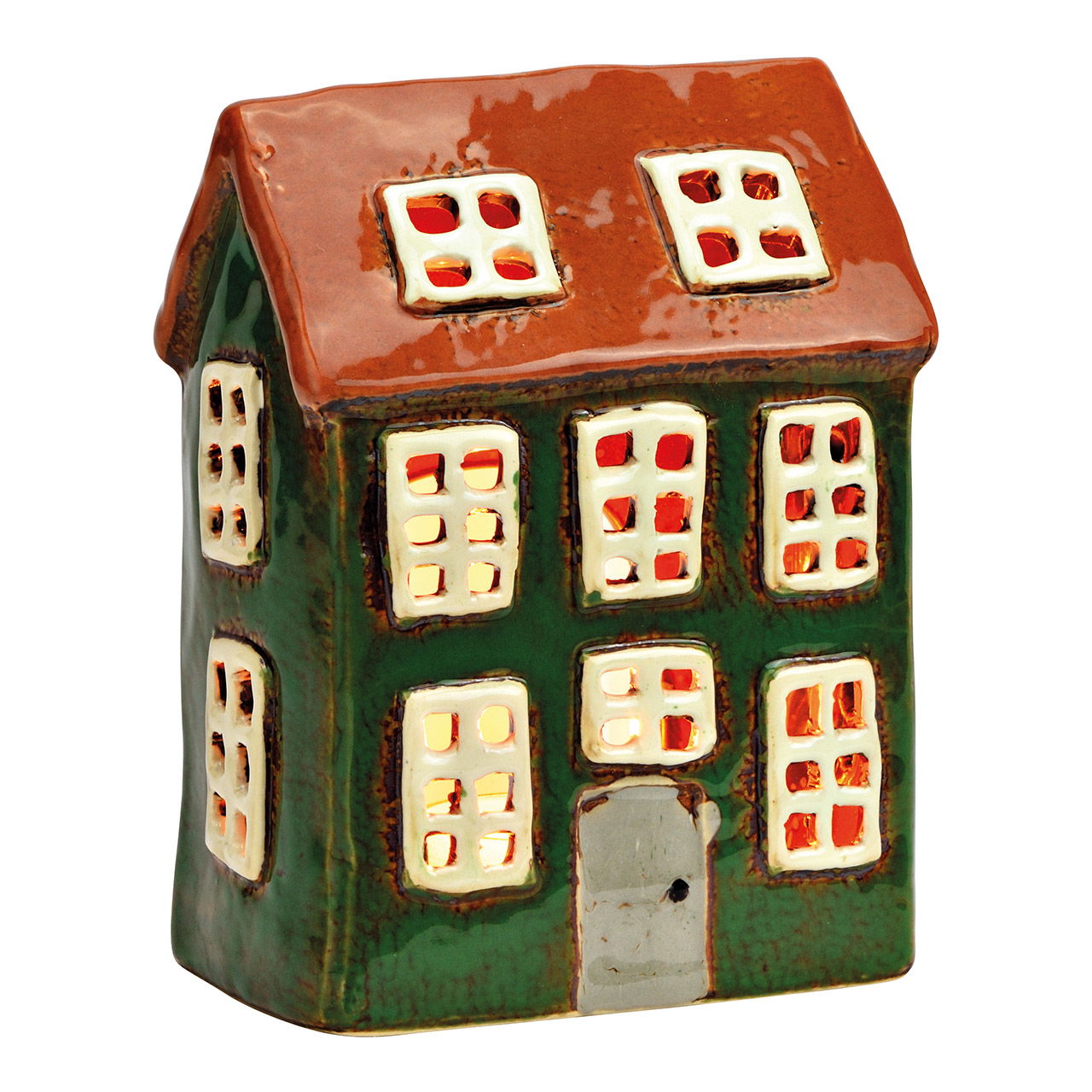 Lichthaus aus Steingut, Grün/Rot (B/H/T) 11x15x7cm