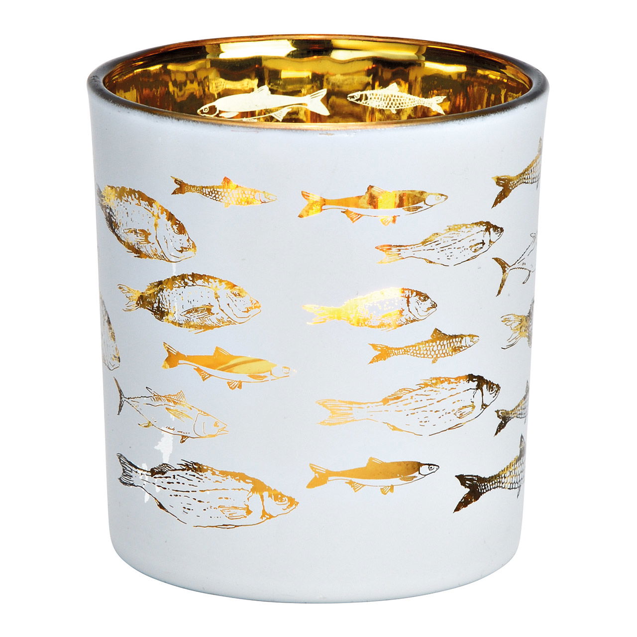 Windlicht Fisch Dekor aus Glas weiß, gold (B/H/T) 7x8x7cm