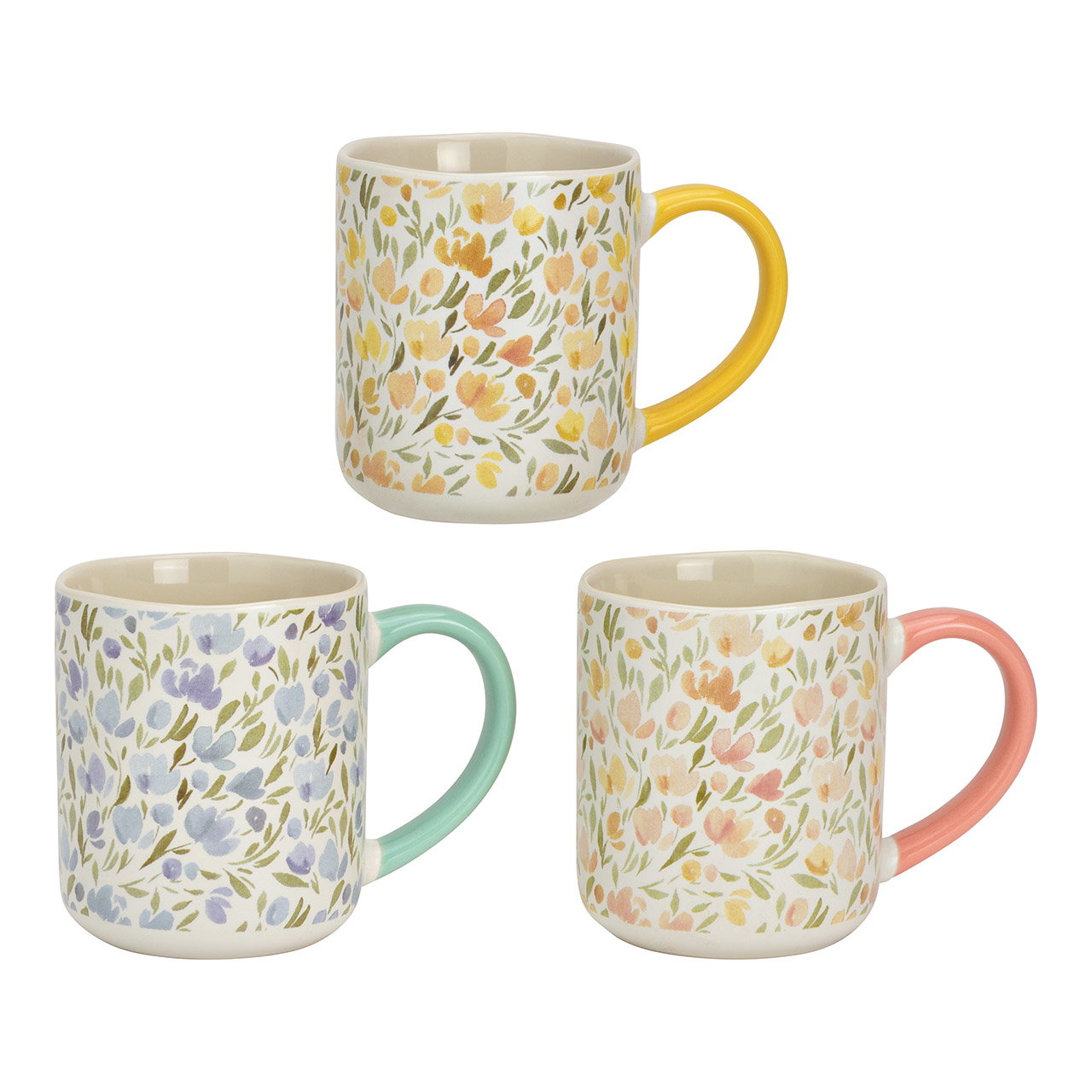 Tasse Blumen Dekor aus Porzellan, 3-fach, Gelb/Rosa/Grün (B/H/T) 12x10x8cm 385ml Kunst, Porzellan, Töpferei, Tasse