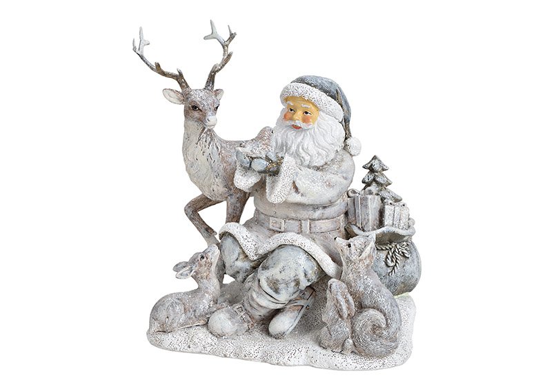 Weihnachtsmannszene mit Tieren aus Poly Silber (B/H/T) 16x19x13cm