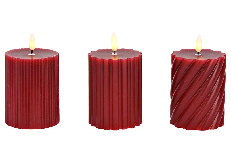 Candle LED warm white wick flame, 2xAAA not Incl. from wax red 3-fold, (W/H/D) 7x9x7cm