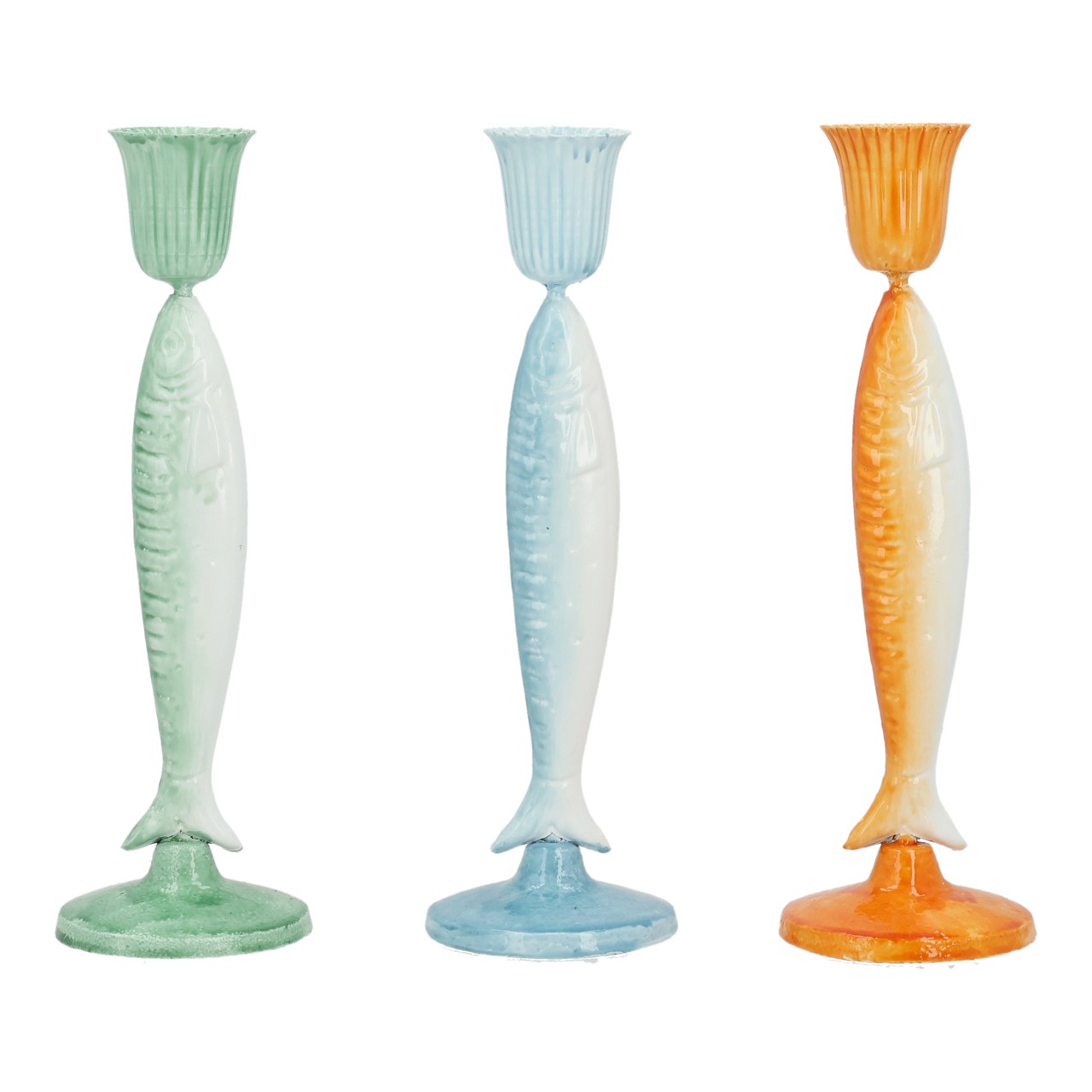 Portavelas «Sardine» de metal, verde/naranja/azul, surtido de 3 unidades (ancho/alto/profundidad) 7 x 23 x 7 cm Deko-Statue, Fischskulptur, Kerzenhalter, Pastellfarben, Tischdeko