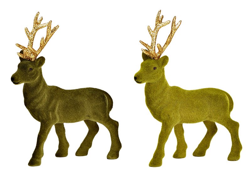 Deer flocked made of plastic green, gold 2-fold, (W/H/D) 15x21x4cm