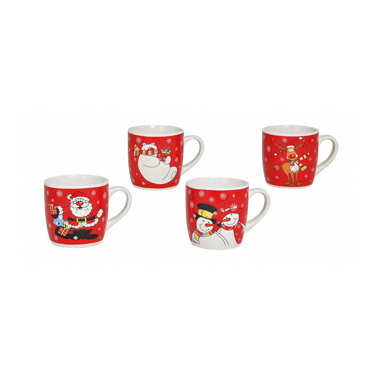 Tazza rossa con motivi natalizi, in ceramica, 4 assortiti (L/H/D) 11x8x8 cm, 200ml