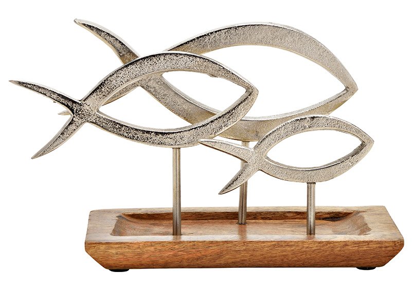 Aufsteller Christen Fisch auf Mangogolz Sockel aus Metall Silber (B/H/T) 28x17x11cm