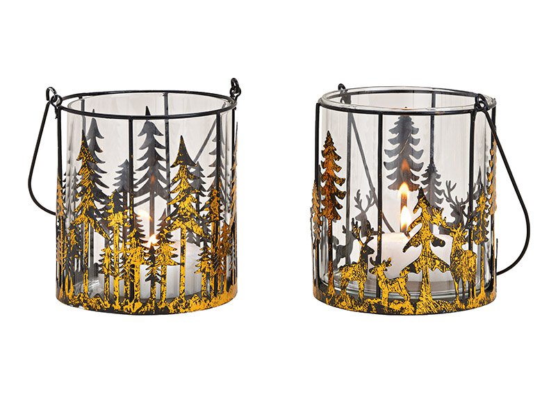 Windlight winter forest decor made of metal, glass black 2-fold, (w/h/d) 10x11x10cm