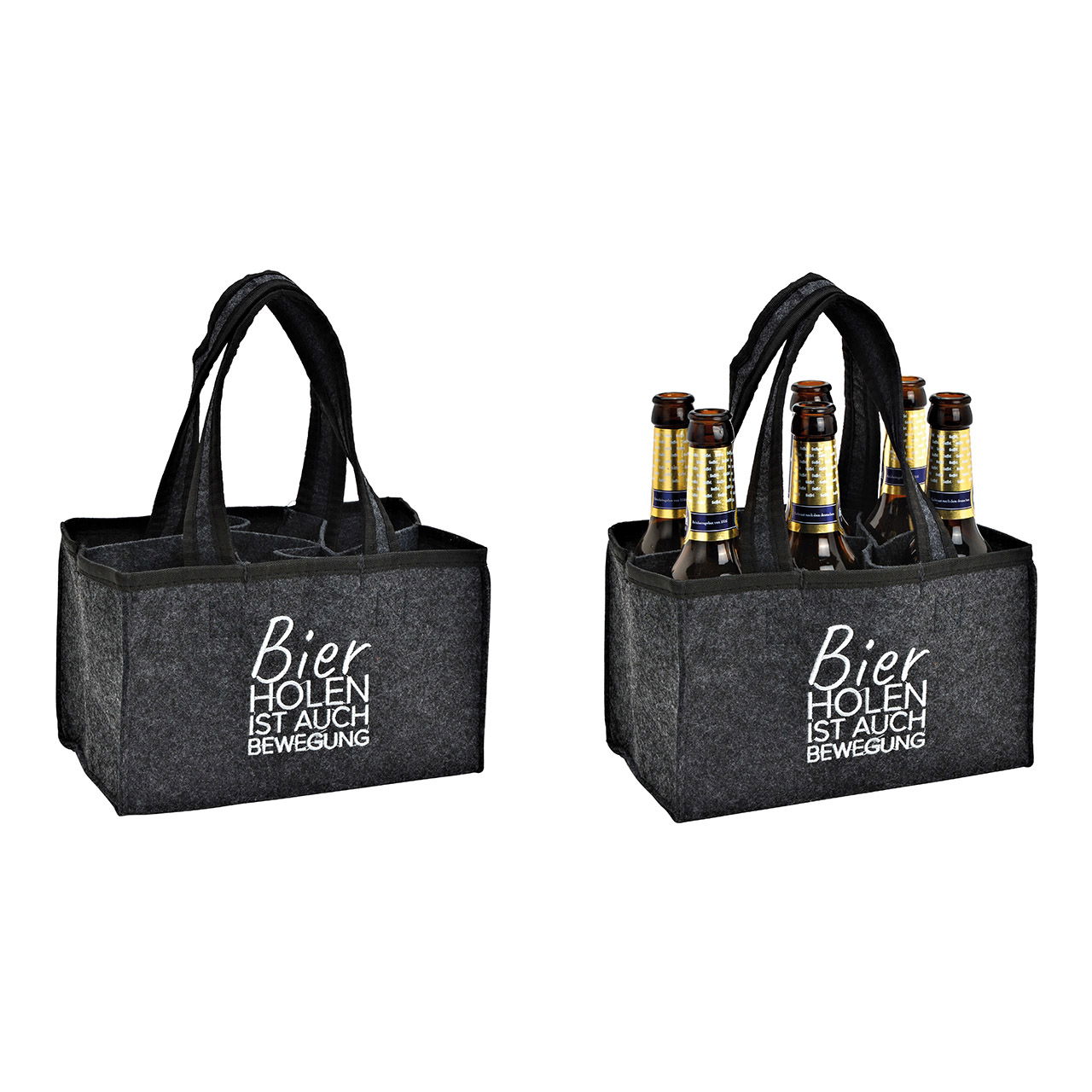 Flaschentasche mit 6 Fächern, Bier holen ist auch Bewegung, aus Filz Grau (B/H/T) 24x15x5cm Flaschentasche mit 6 Fächern, Bier holen ist auch Bewegung, aus Filz Grau (B/H/T) 24x15x5cm