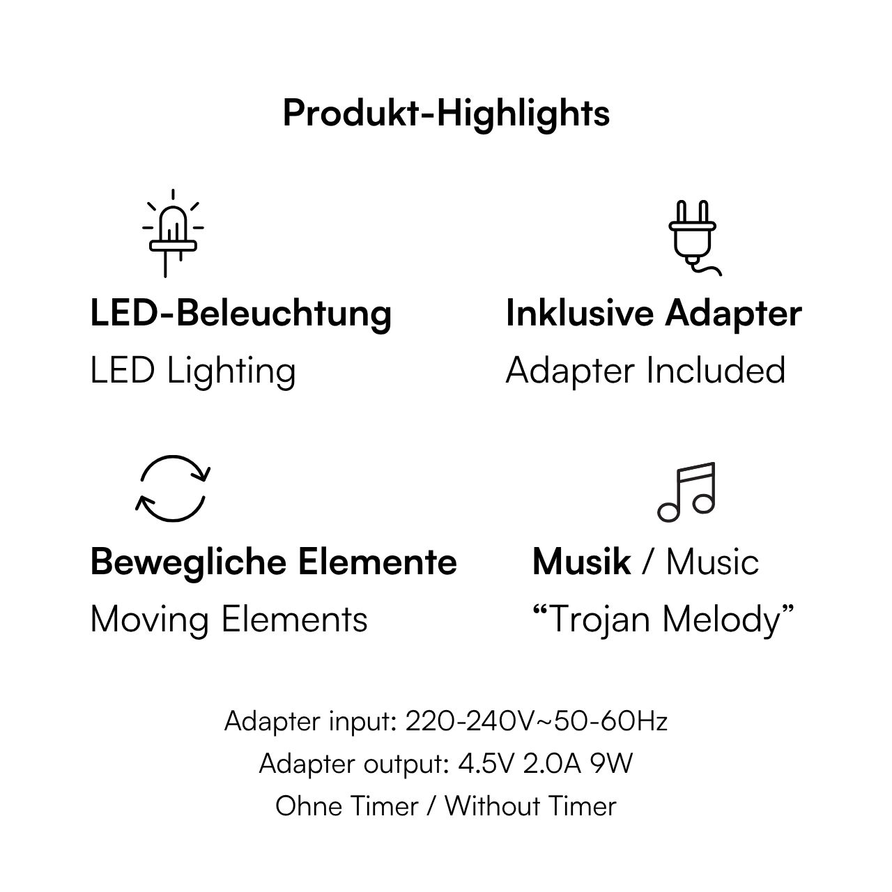 LED-Beleuchtung, Adapter inklusive, Bewegliche Elemente, Musikfunktion, Ohne Timer
