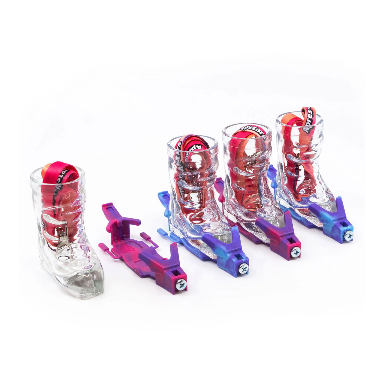 Apres-Allstars Skischuh Schnapsglas 4cl mit Bindung/Lanyards aus Glas, 4er-Set, Artic (B/H/T) 69x36x74mm/110x38x24mm Apres-Allstars Skischuh Schnapsglas 4cl mit Bindung/Lanyards aus Glas, 4er-Set, Artic (B/H/T) 69x36x74mm/110x38x24mm