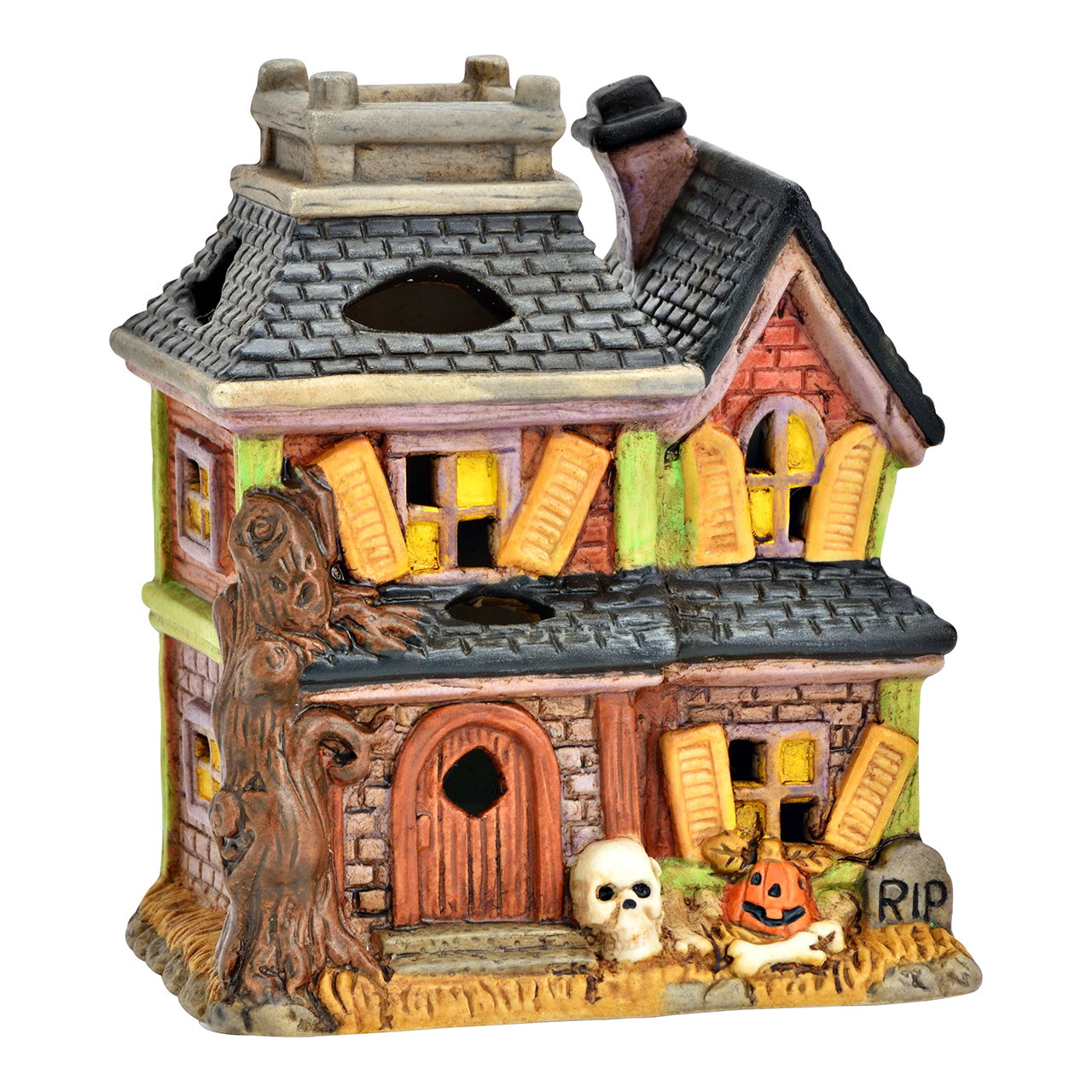 Casita de luz Halloween con 1 luz LED multicolor de porcelana, colorida (A/A/A) 10x11x8cm 2xAAA exclusiva Essen, Süßigkeiten