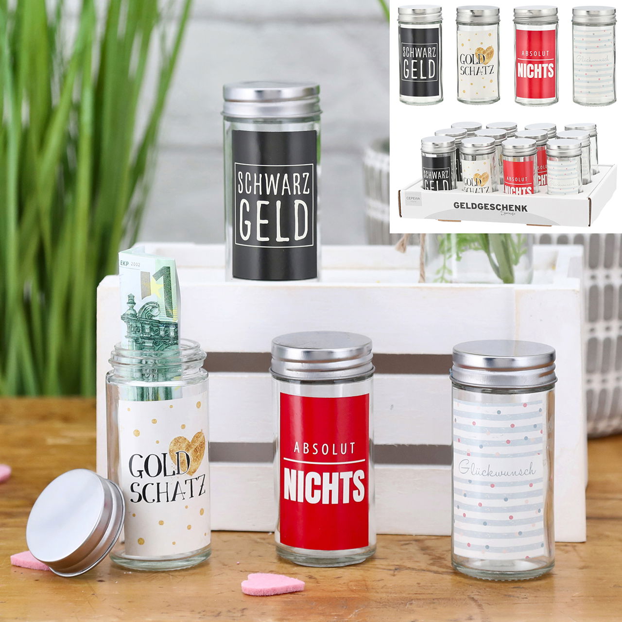 Geldgeschenk mit 4 verschiedenen Sprüchen aus Glas/Eisen, 4-fach, Transparent (B/H/T) 5x10x5cm Geldgeschenk mit 4 verschiedenen Sprüchen aus Glas/Eisen, 4-fach, Transparent (B/H/T) 5x10x5cm