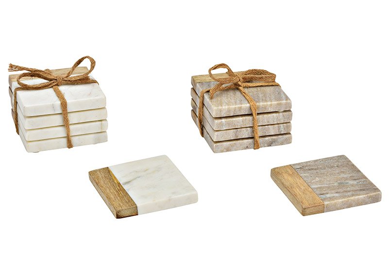 Set di 4 sottobicchieri in marmo, legno di mango, beige, bianco 2 pieghe, (L/H/D) 10x1x10cm