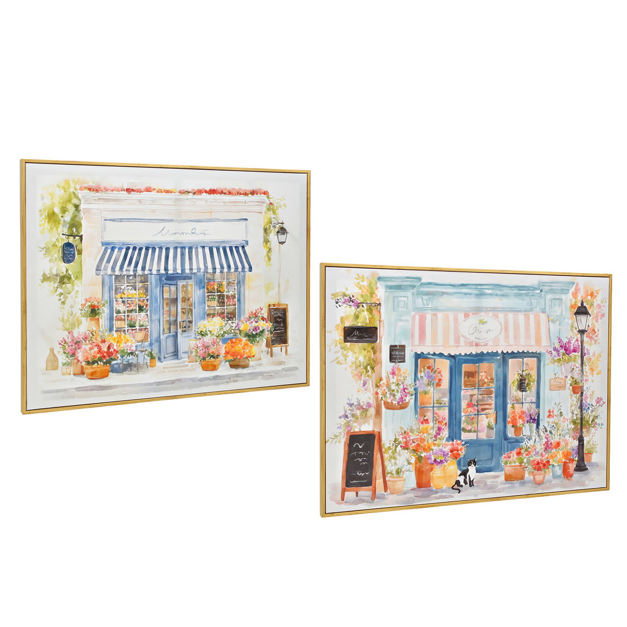 Tableau mural sur châssis en bois « Fleuriste », multicolore, assortiment de 2 pièces (L/H/P) 80 x 60 x 3 cm Kunstausdruck, Landschaftsszene, Blumenladen, Straßenszene, Aquarell