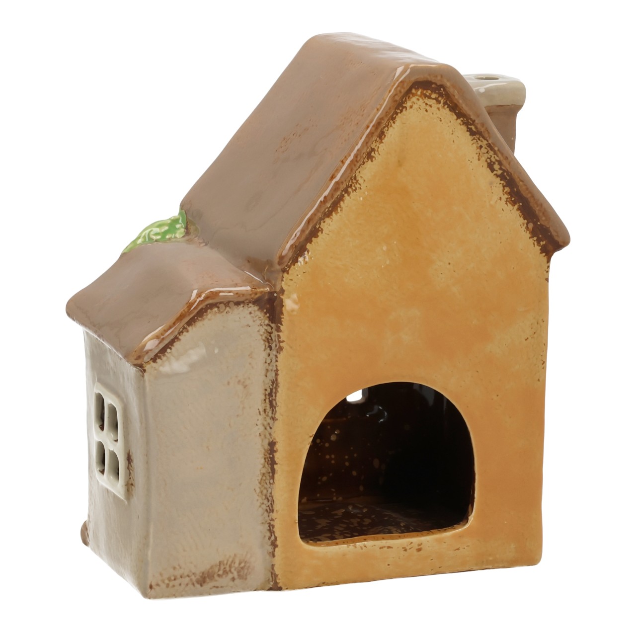 Windlicht Haus aus Steingut Braun (B/H/T) 16x18x9cm Keramikhaus, Teile eines Hauses, Kleiner Deko-Artikel, Blumenranke, Natursteinfundament