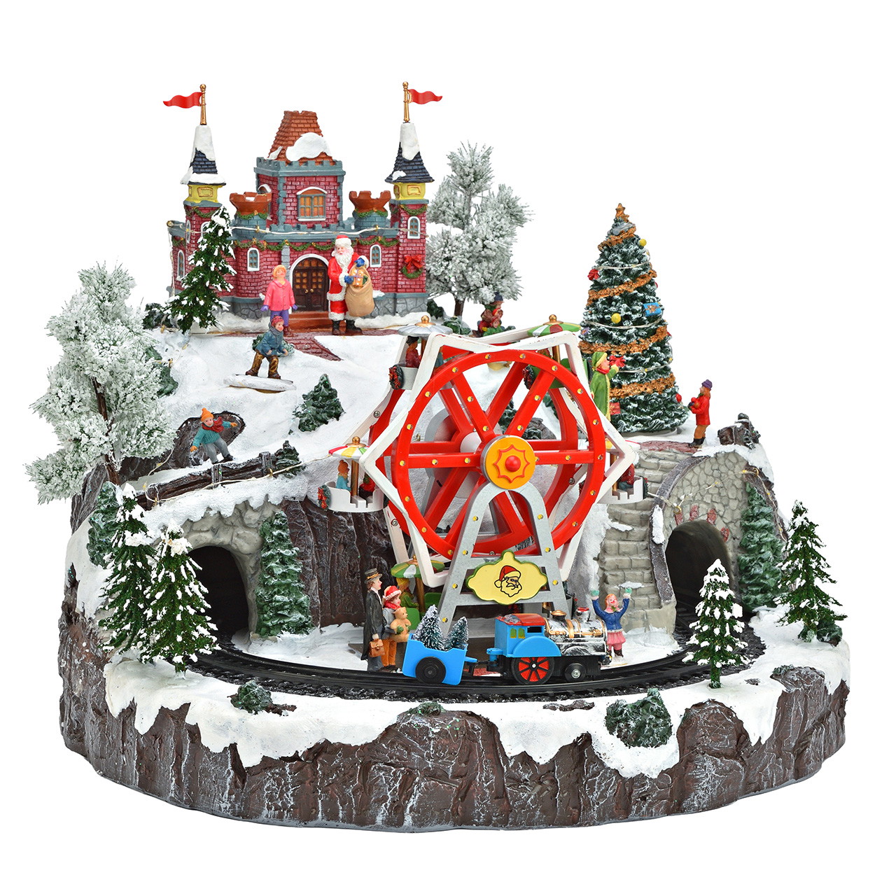 Weihnachtsdorf mit Riesenrad und Eisenbahn aus Poly Weihnachtsdorf, bewegliches Riesenrad, Modelleisenbahn, verschneite Landschaft, beleuchtete Dekoration