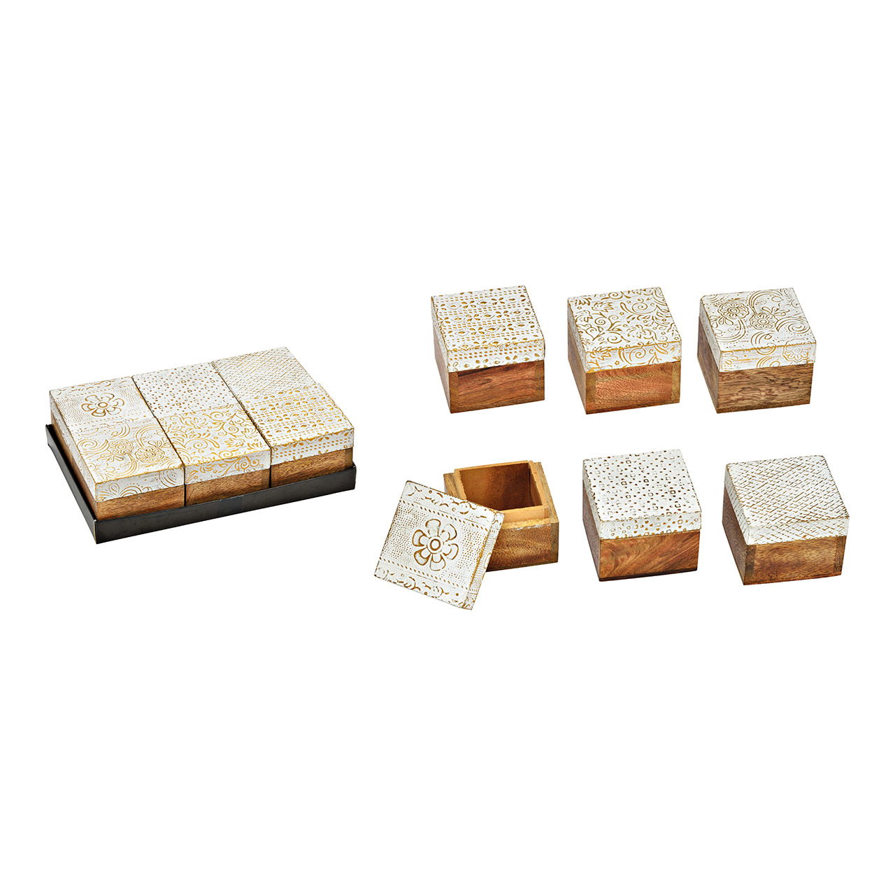 Sieradendoosje van natuurlijk mangohout, wit 6 vakjes, (B/H/D) 6x5x6cm Sieradendoosje van natuurlijk mangohout, wit 6 vakjes, (B/H/D) 6x5x6cm