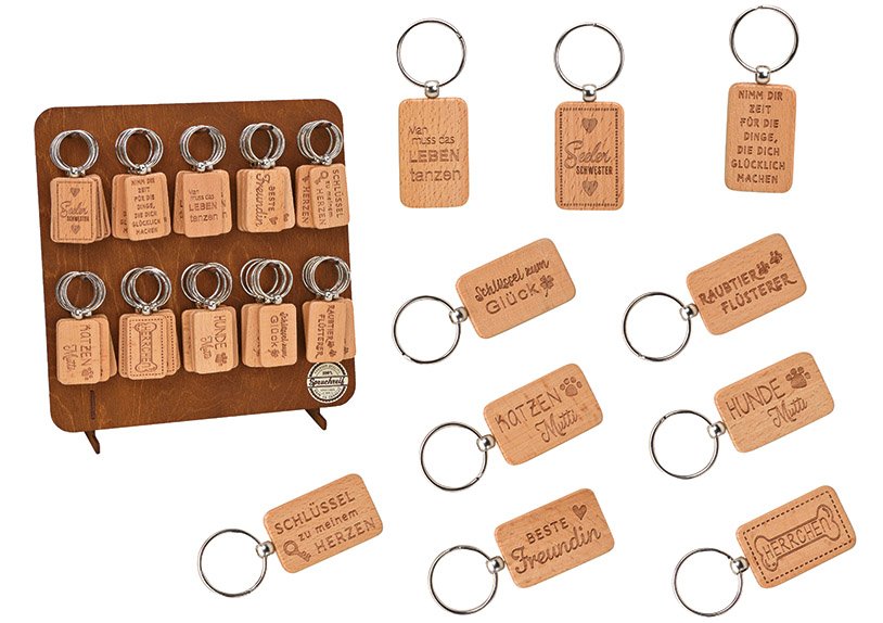 Porte-clés 3,5x5,5cm en bois naturel 10x, 50 pcs. sur présentoir en bois général (L/H) 27x27cm