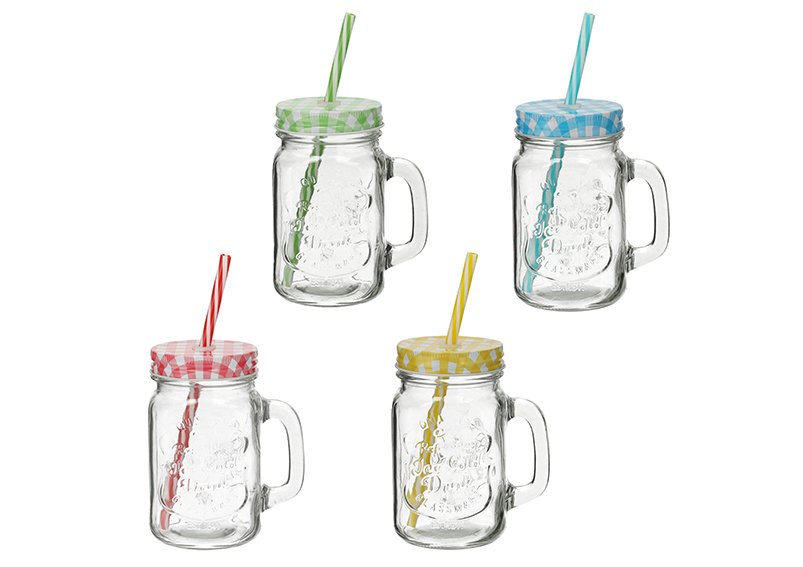 Drinking glass w.handle and straw lid 450 ml 4-ass.