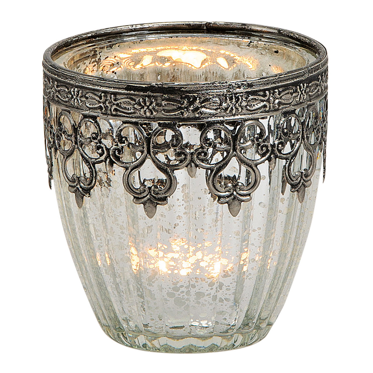 Photophore argent antique en verre/métal,8x9x8cm Glas, Kerzenhalter, Dekoration, Gemustertes Glas, Metallrand
