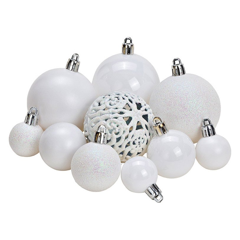 Xmas ball set of 100, plastic, white 35x23x12cm ø3/4/6cm
