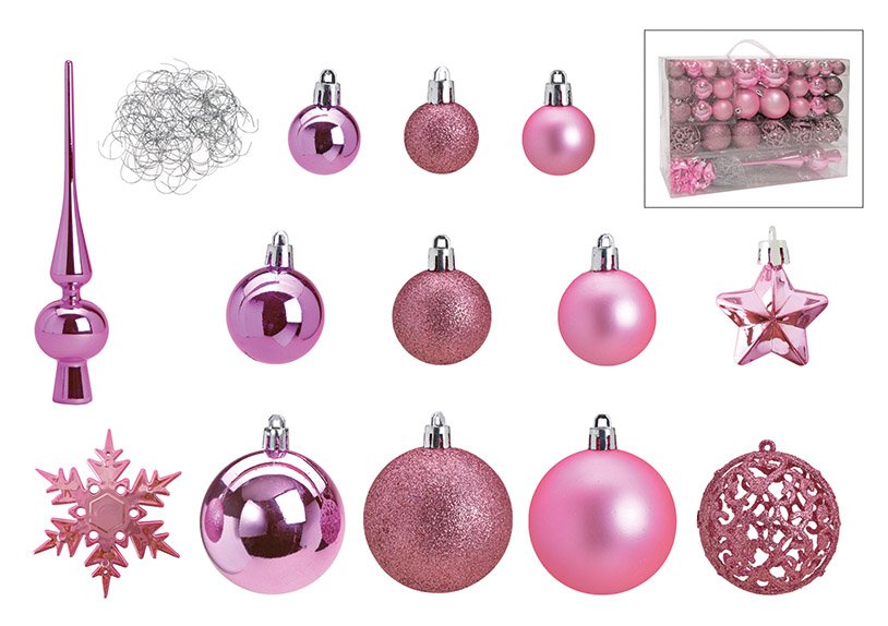 Set de boules de Noël en plastique rose/rose 111pcs, (L/H/P) 36x23x12cm Ø 3/4/6 cm