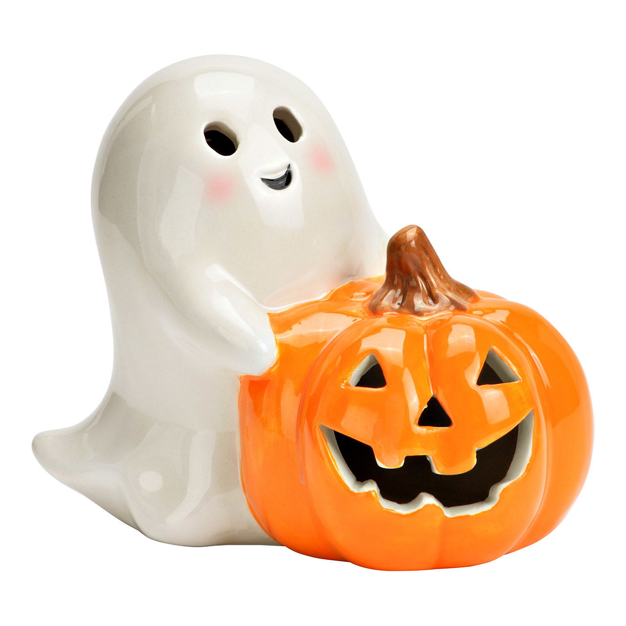 Ghost with LED pumpkin (colorful, excl. 2xLR44) made of ceramic, white/orange (W/H/D) 12x10x7cm