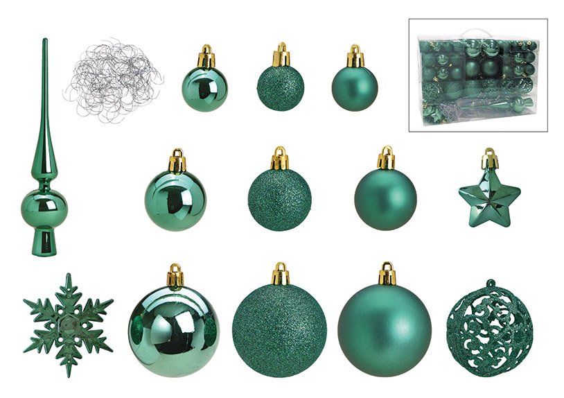 Juego de bolas de Navidad de plástico verde 111 piezas, (c/h/d) 36x23x12cm Ø 3/4/6 cm