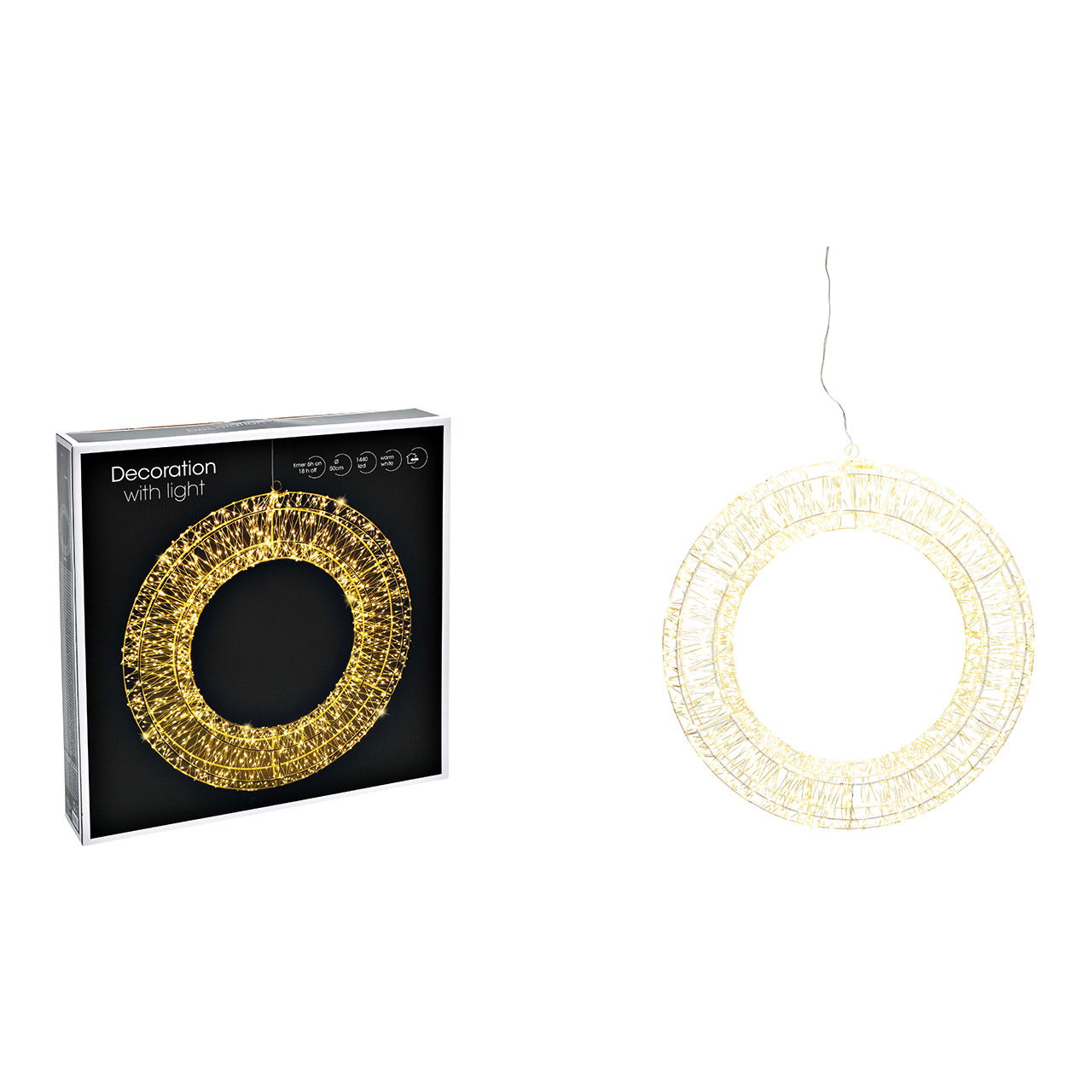 Couronne lumineuse 1440 LED blanc chaud avec minuterie 6/18, adaptateur IP44 en plastique blanc Ø50cm Couronne lumineuse 1440 LED blanc chaud avec minuterie 6/18, adaptateur IP44 en plastique blanc Ø50cm