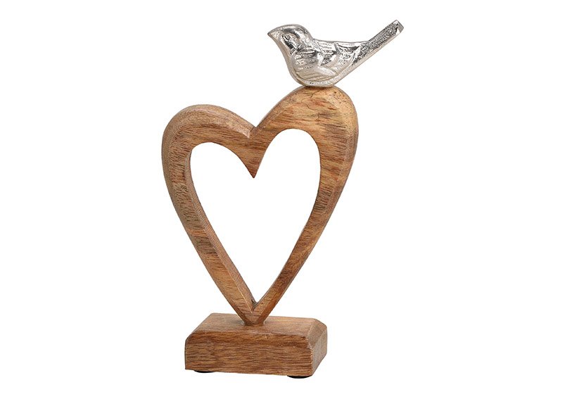 Aufsteller Herz aus Mangoholz mit Metall Vogel Braun, silber (B/H/T) 15x22x5cm