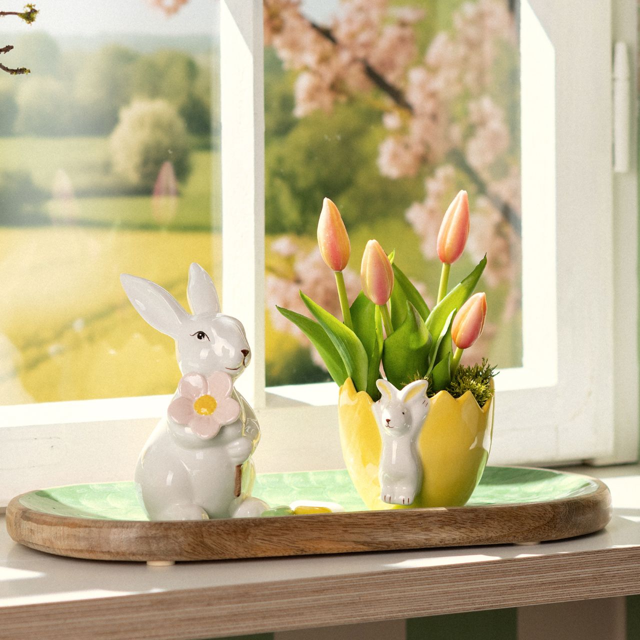 Ceramic bowl with rabbit, triple, yellow/green/pink (W/H/D) 9x11x8cm Kunst, Porzellan, Töpferei, Schüssel