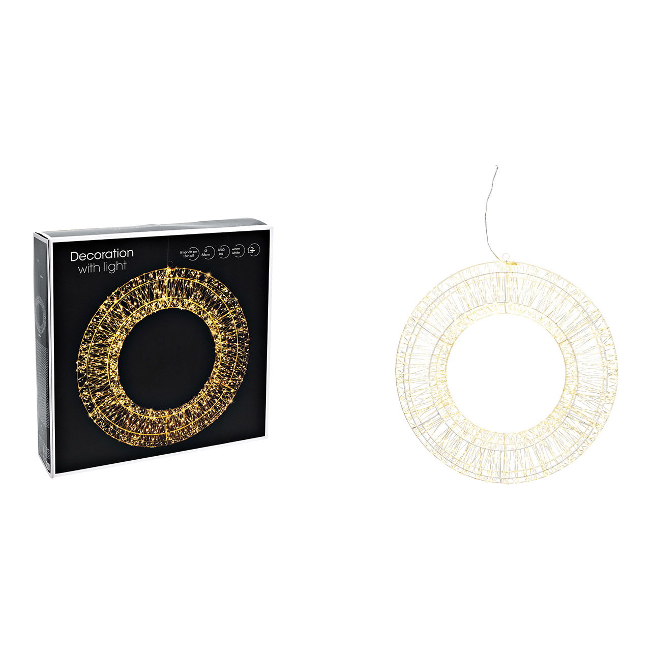 Couronne lumineuse 1800 LED blanc chaud avec minuterie 6/18, adaptateur IP44 en plastique blanc Ø58cm Couronne lumineuse 1800 LED blanc chaud avec minuterie 6/18, adaptateur IP44 en plastique blanc Ø58cm