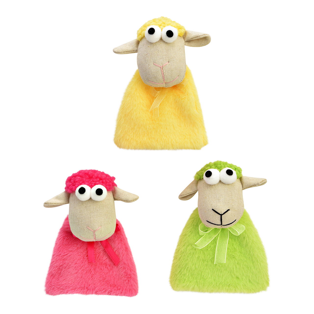 Eierwärmer Schaf aus Textil, 3-fach, Gelb/Pink/Grün (B/H/T) 8x12x4cm Plüsch, Spielzeug