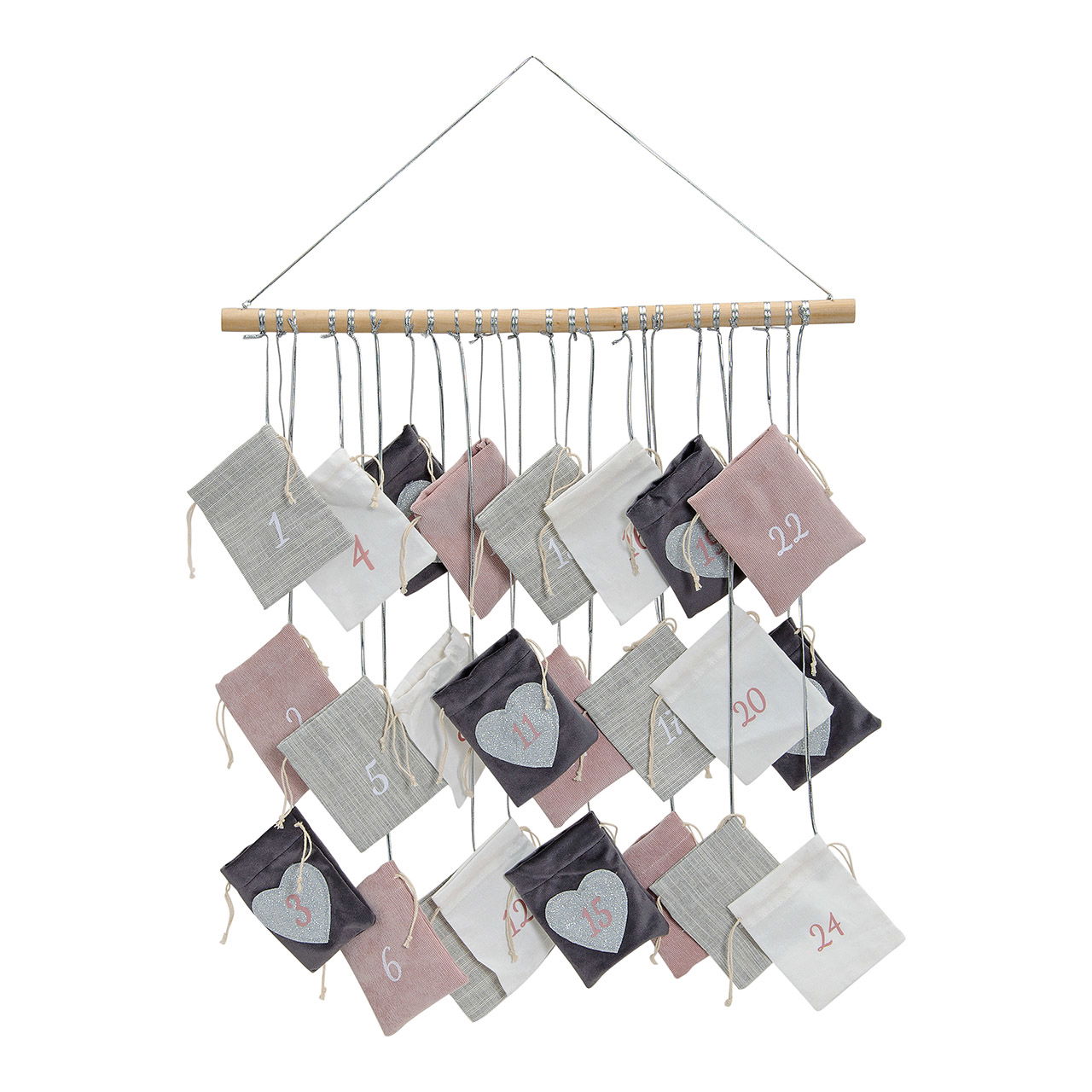 Advent calendar made of textile/ash wood, 24 bags, gray/pink/black/white (W/H) 52x55cm