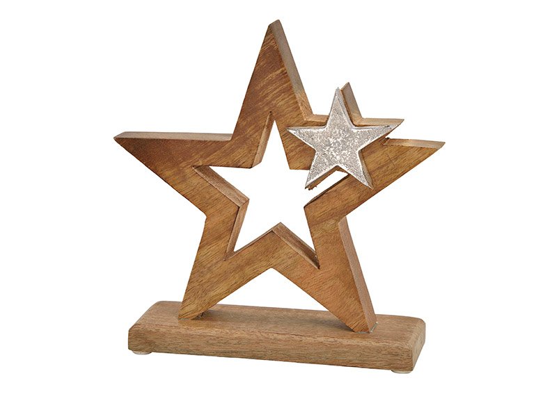 Star with metal star dekor, mango wood, brown, 20x21x6cm
