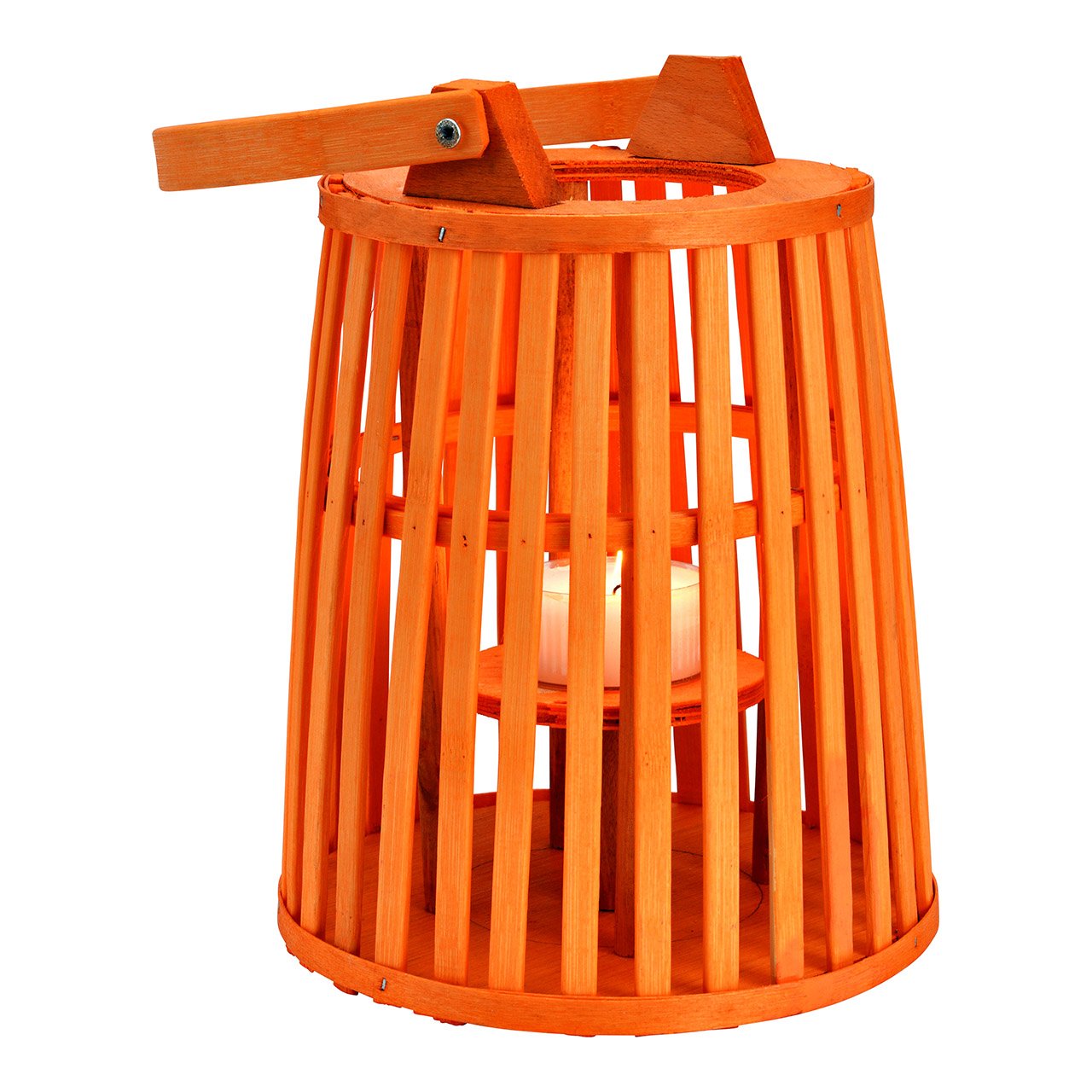 Farol para velas LED de madera naranja (A/A/A) 19x25x19cm con asa 19x35x19cm
