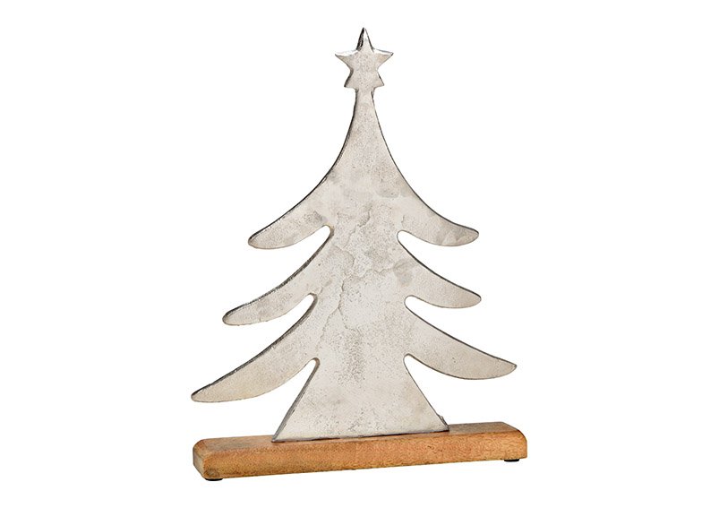 Christmas tree on mango wood base of metal silver (W/H/D) 28x36x5cm