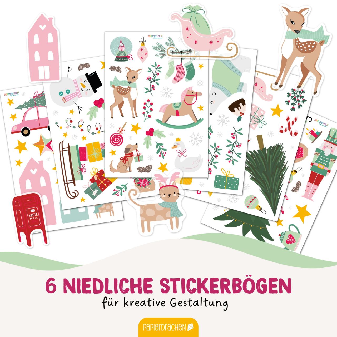 Stickerbogen, Weihnachtsmotiven, Tierstickers, Kartenbasteln, Dekorationssticker