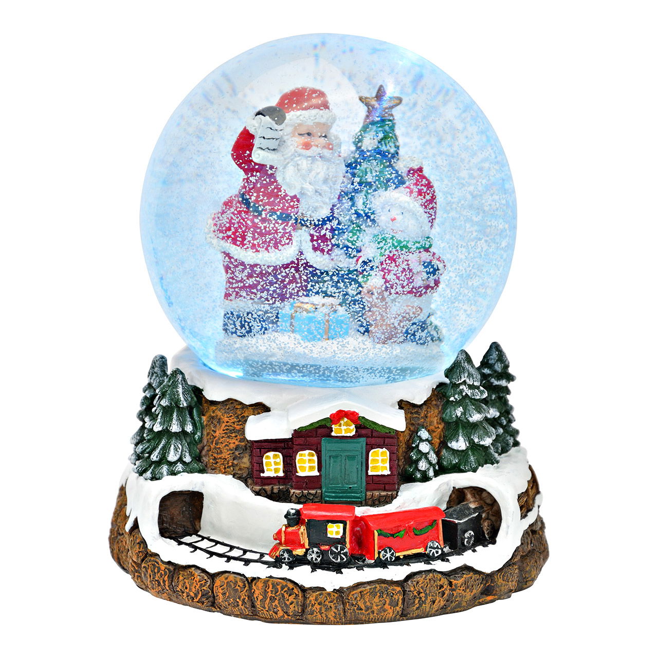 Reloj musical/esfera de nieve Árbol de Navidad de Papá Noel con remolino de nieve, luz, música hecho de poliéster/vidrio, rojo (A/A/A) 15x17x14cm Funcionamiento con pilas 3xAAA no incluidas